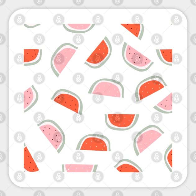 Red and pink watermelon slice with bones design on white background seamless pattern wallpaper backdrop. Sticker by Eshka